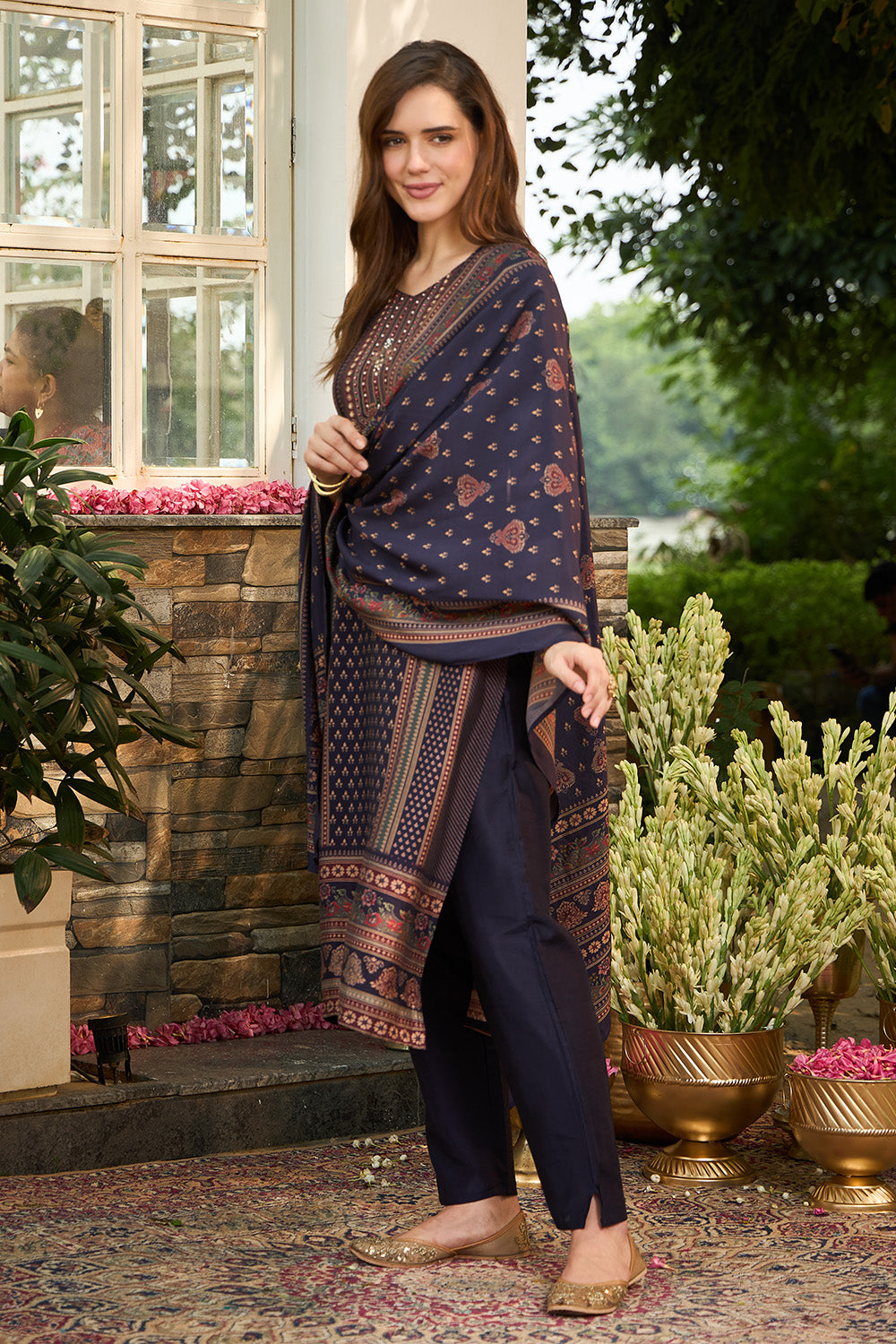 Navy Muslin Printed Straight Suit