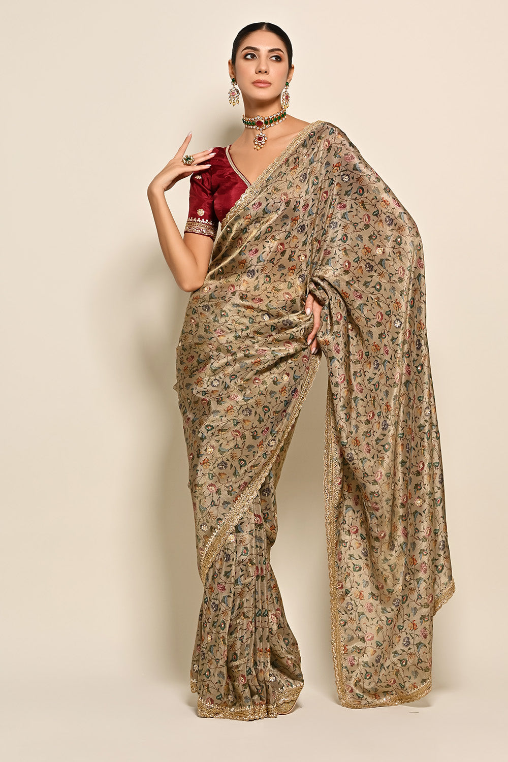 Beige Color Tussar Silk Digital Printed Saree