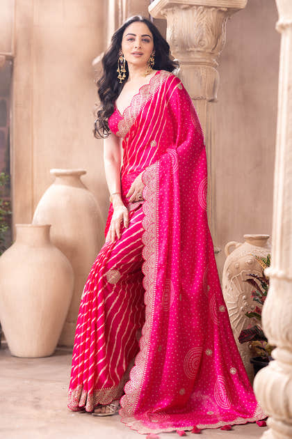 Magenta Pink Gajji Silk Embroidered and Printed Saree