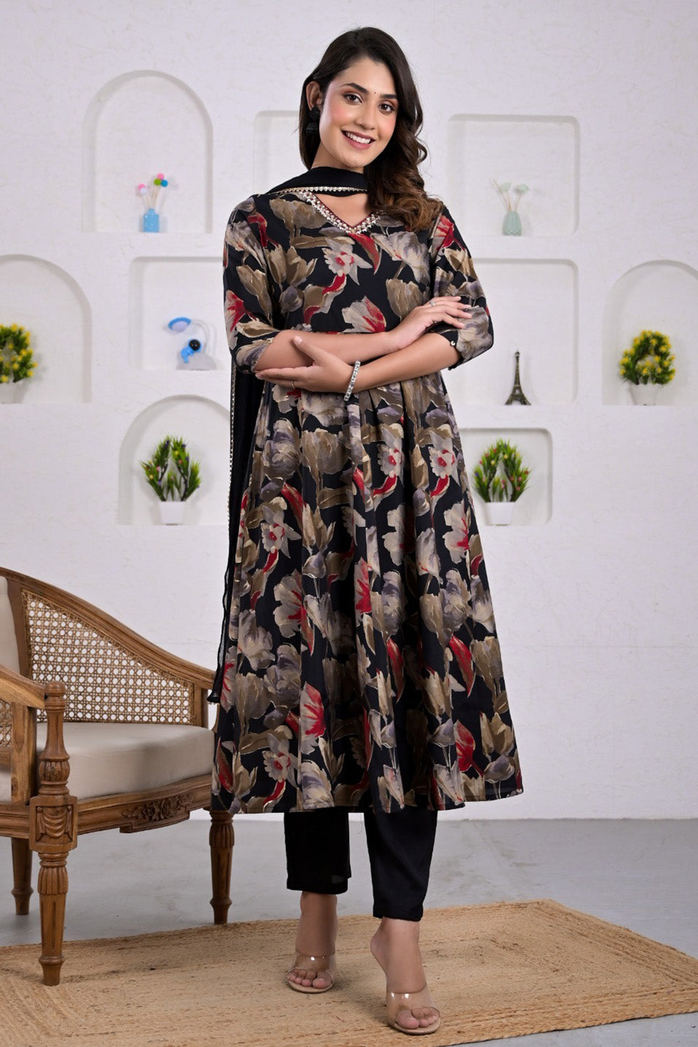Black & Beige Floral Printed Neck-Embroidered Muslin Anarkali Suit