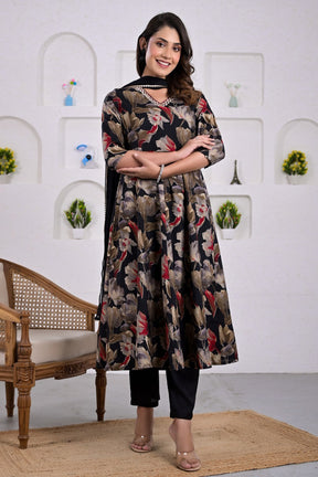 Black & Beige Floral Printed Neck-Embroidered Muslin Anarkali Suit