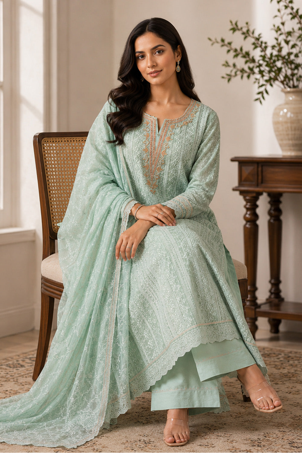 Mint Green Georgette Chikankari Work Unstiched Suit