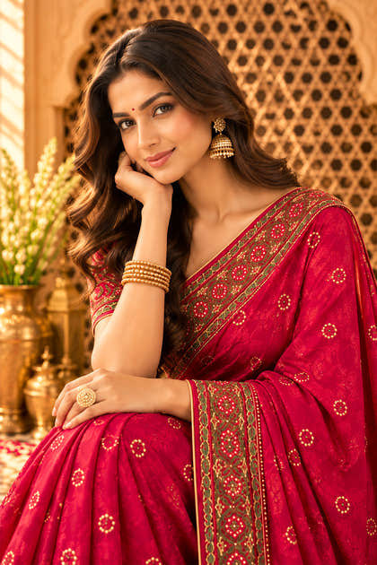 Rani Woven And Embroidered Crepe Saree