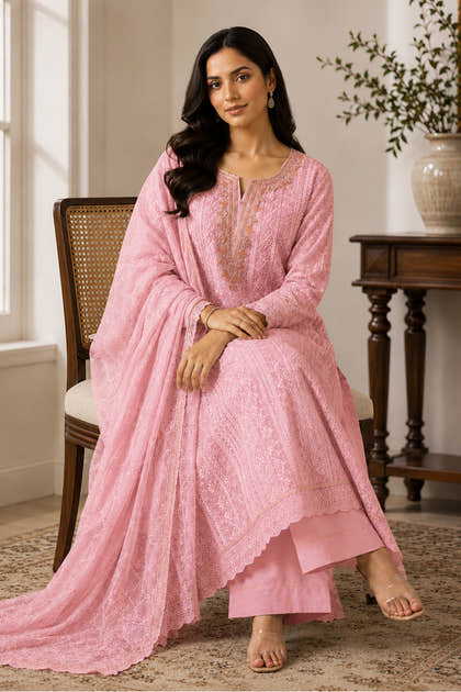 Pink Georgette Chikankari Work Unstiched Suit