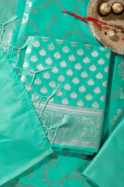 Sea Green Silk Zari Woven Unstitched Suit Fabric