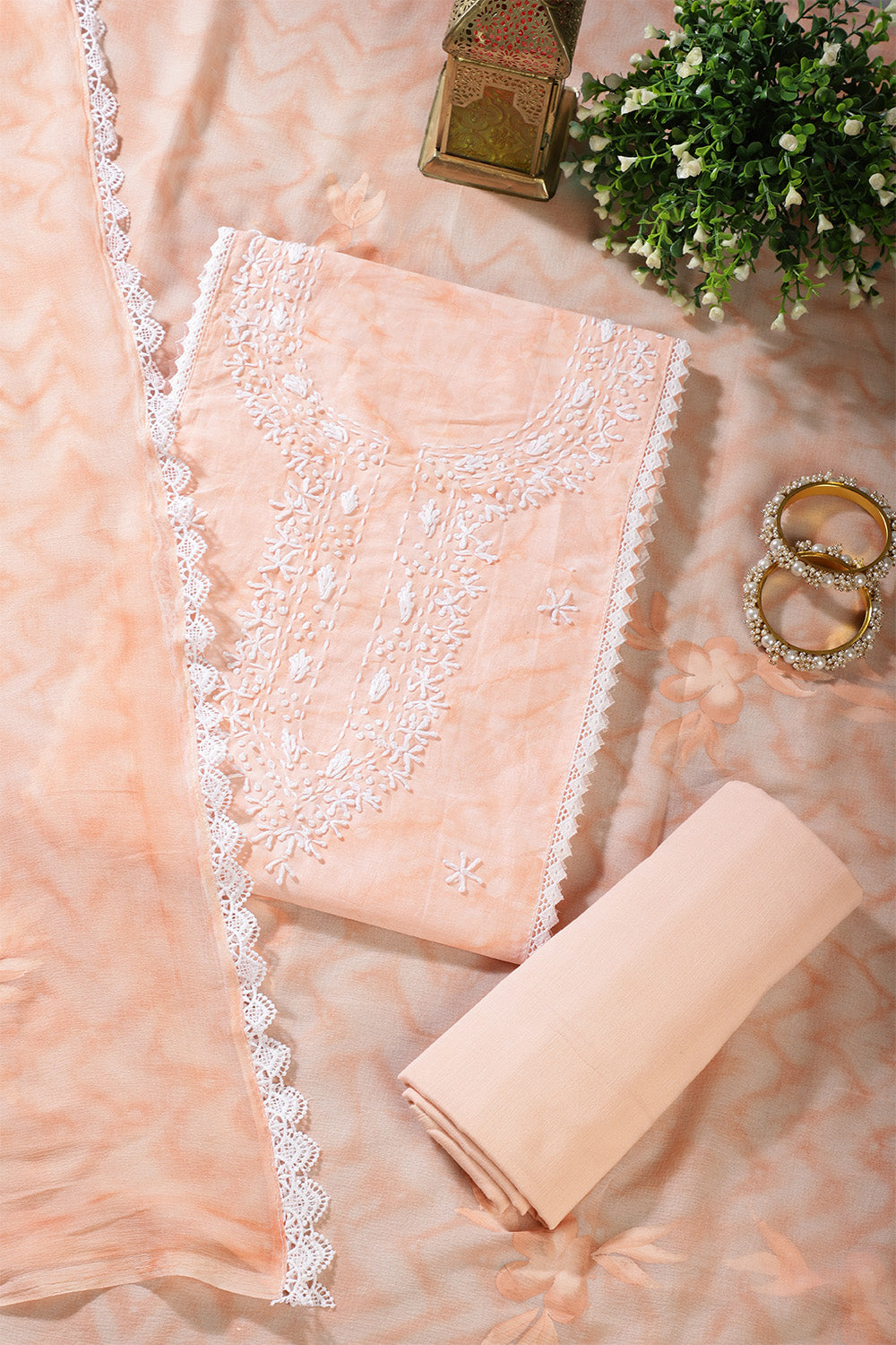 Light Peach Color Cotton Resham Embroidered And Lace Work Unstitched Suit
