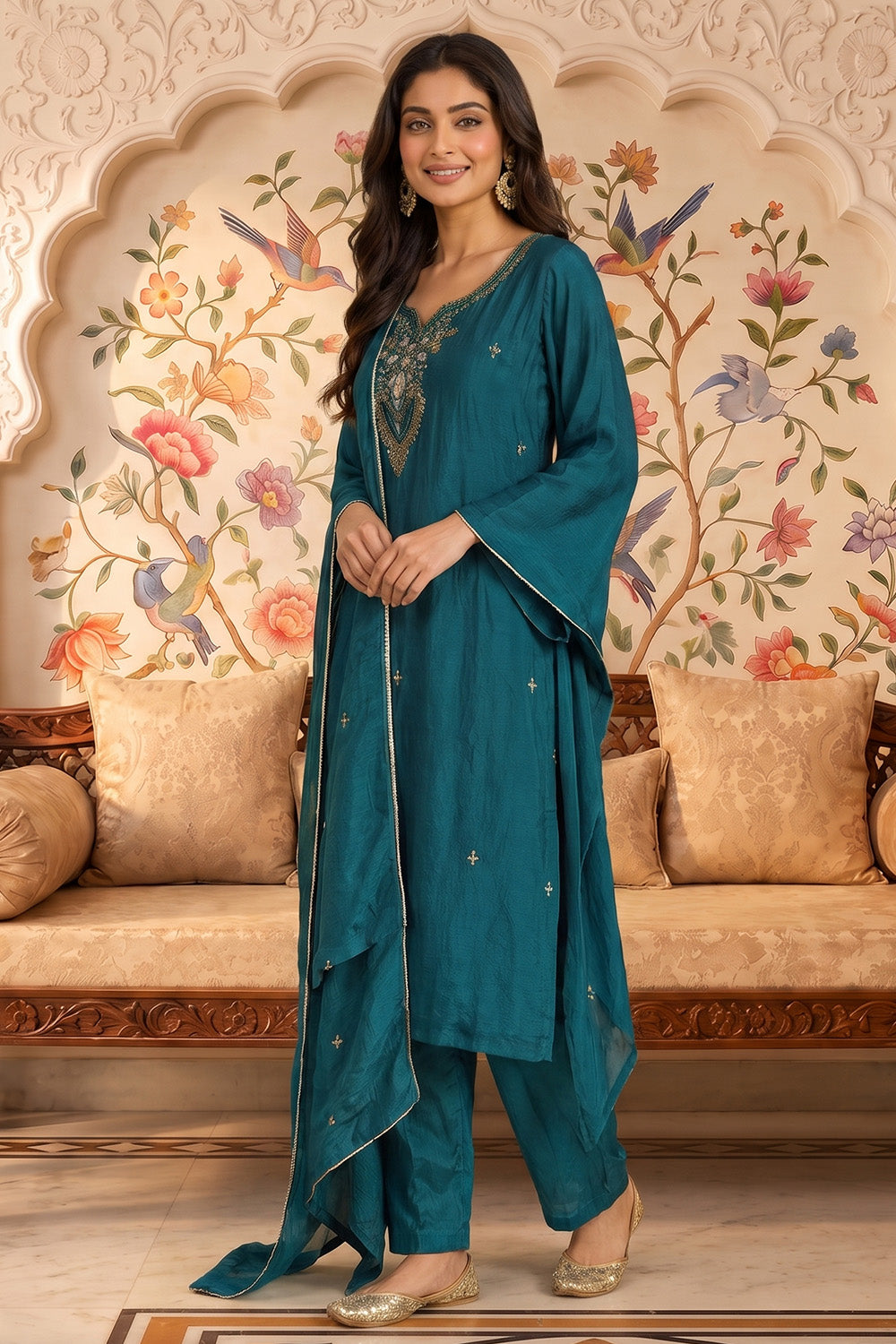 Teal Neck-Embroidered Silk Straight Suit
