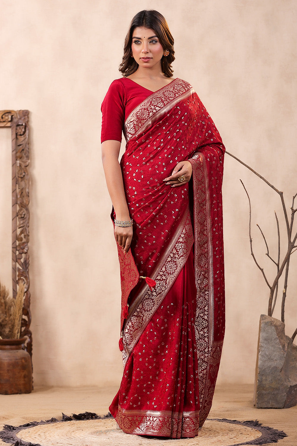 Marron Color Silk Resham & Sequins Embroidered Zari Woven Saree