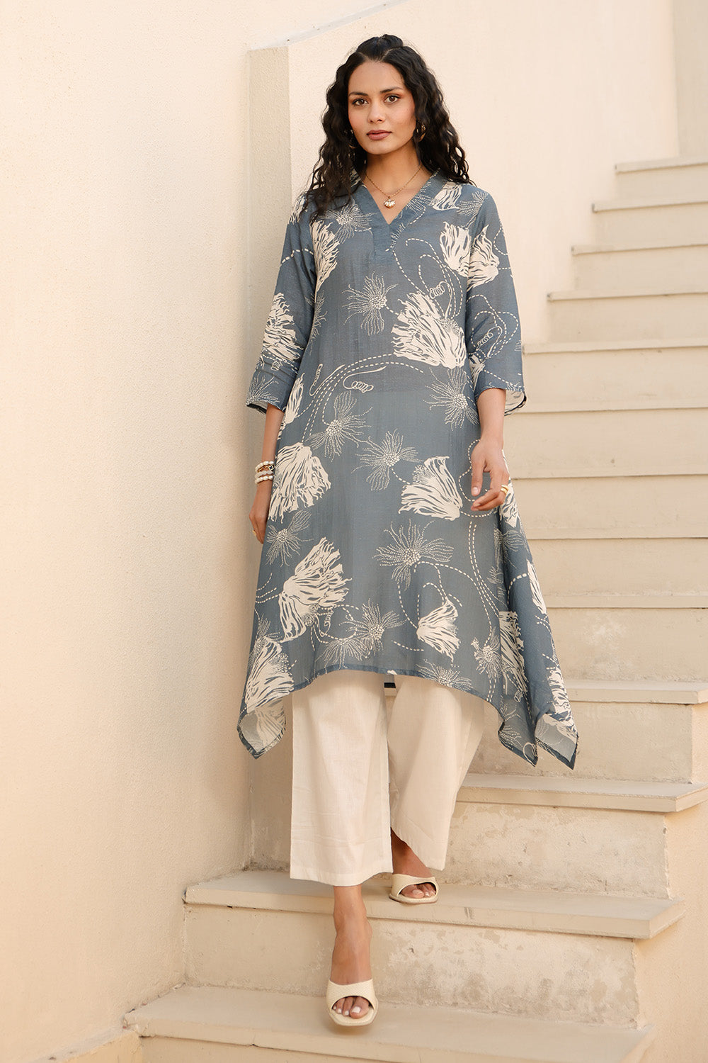 Grey Color Chanderi Printed Kurta Set