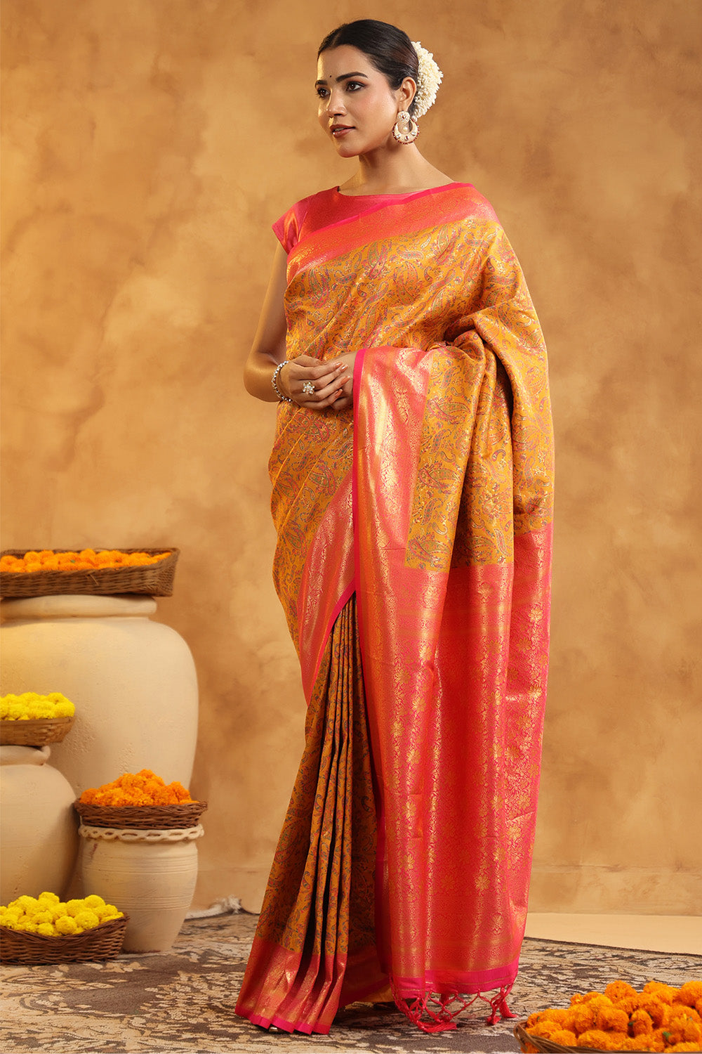 Mustard Color Resham Woven Saree