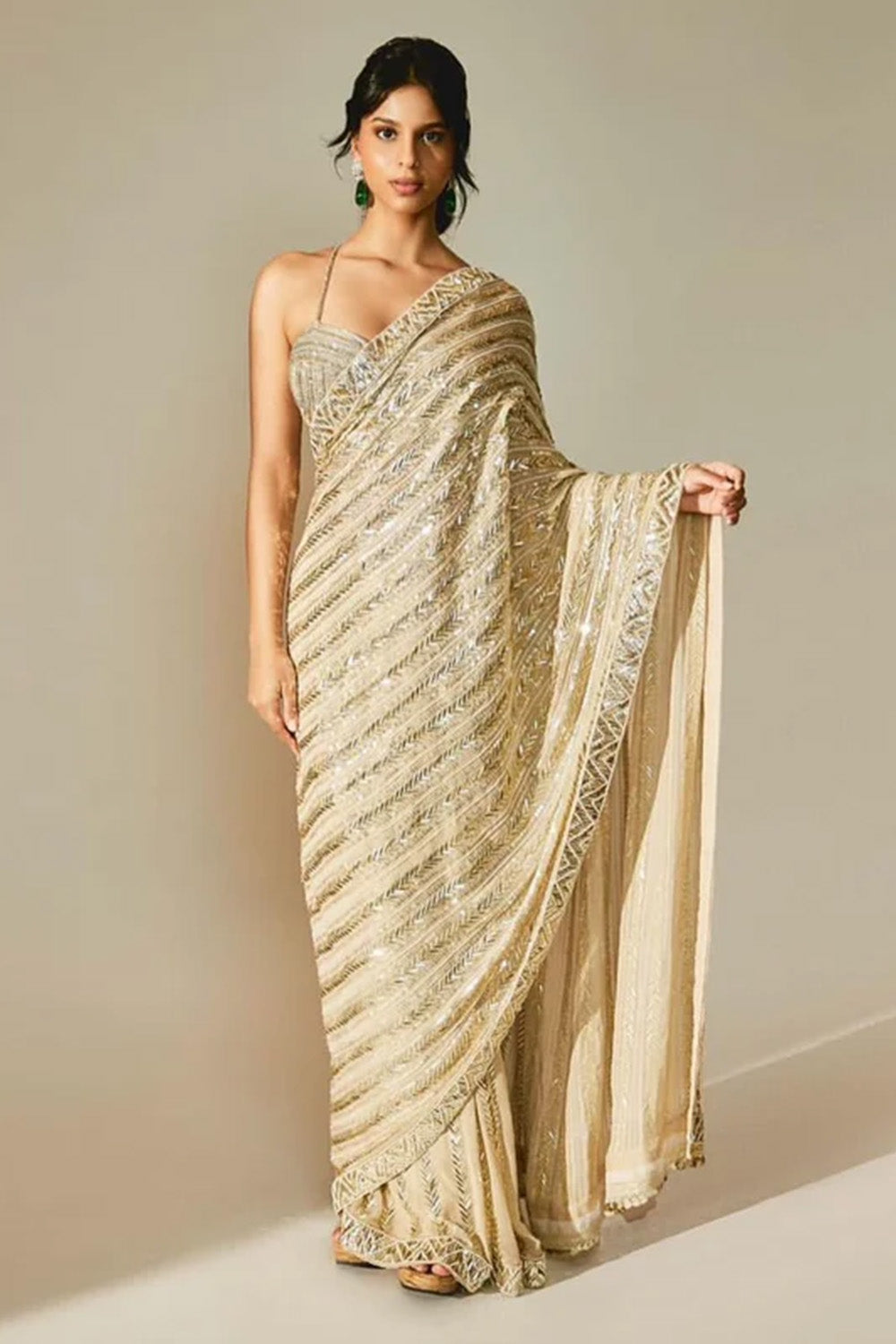 Beige Color Georgette Sequins Embroidered Saree