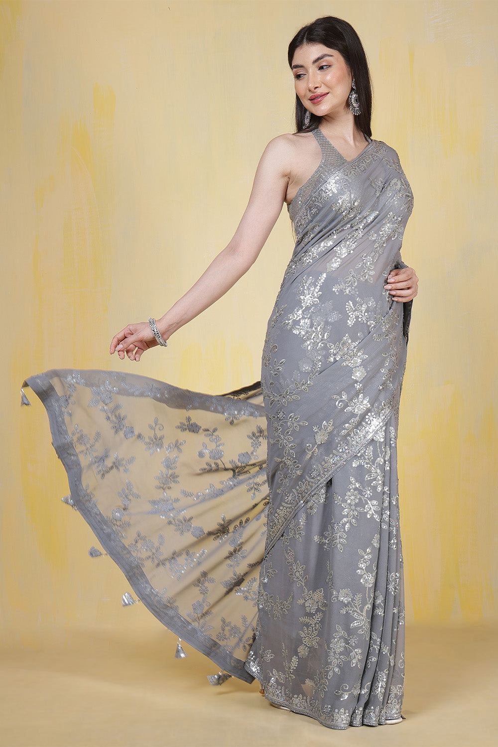Grey Georgette Sequins Embroidered Saree