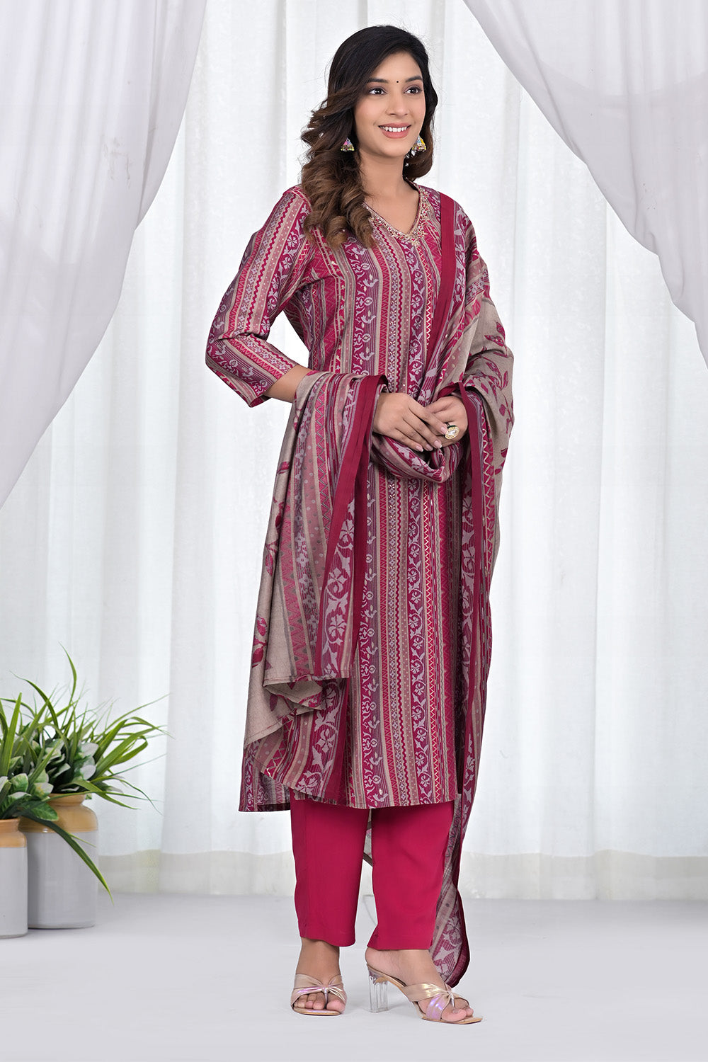 Onion Pink Color Muslin Printed & Neck Embroidered Suit