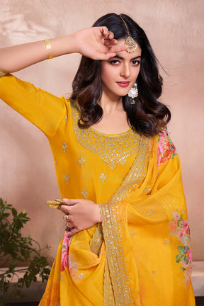 Yellow Crepe Silk Embroidered Suit With Palazzo