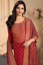 Maroon Pashmina Zari Woven Unstitched Suit Fabric