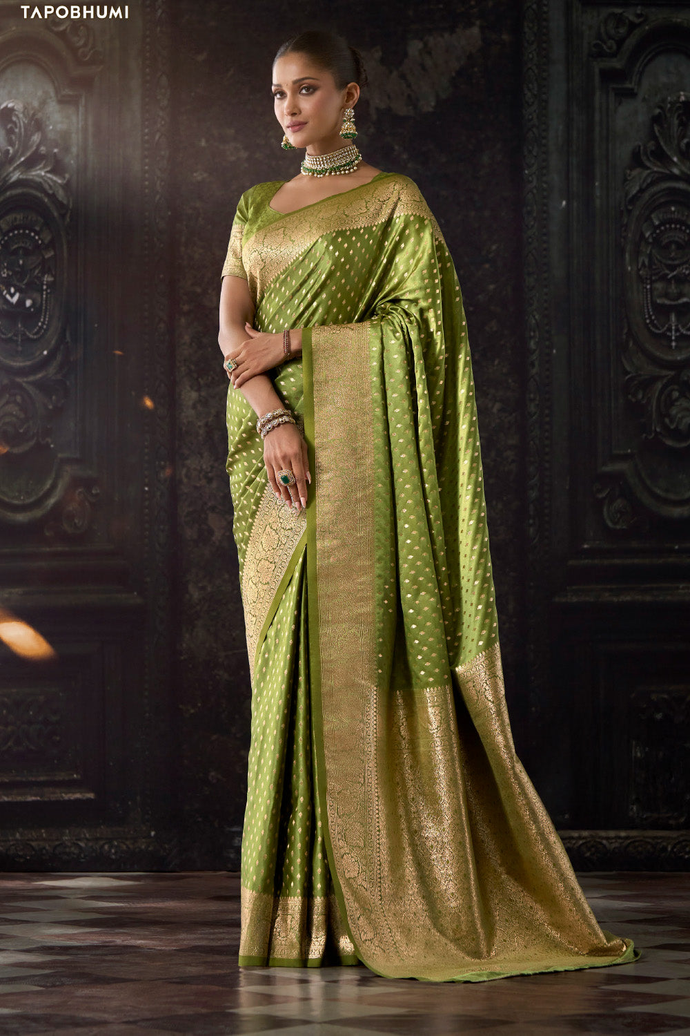 Olive Green Zari Woven Soft Silk Saree