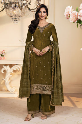 Olive Green Velvet Zari and Sequins Embroidered Unstitched Suit Fabric