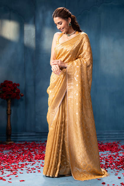 Golden Sequins and Resham Embroidered Metallic Tissue Saree