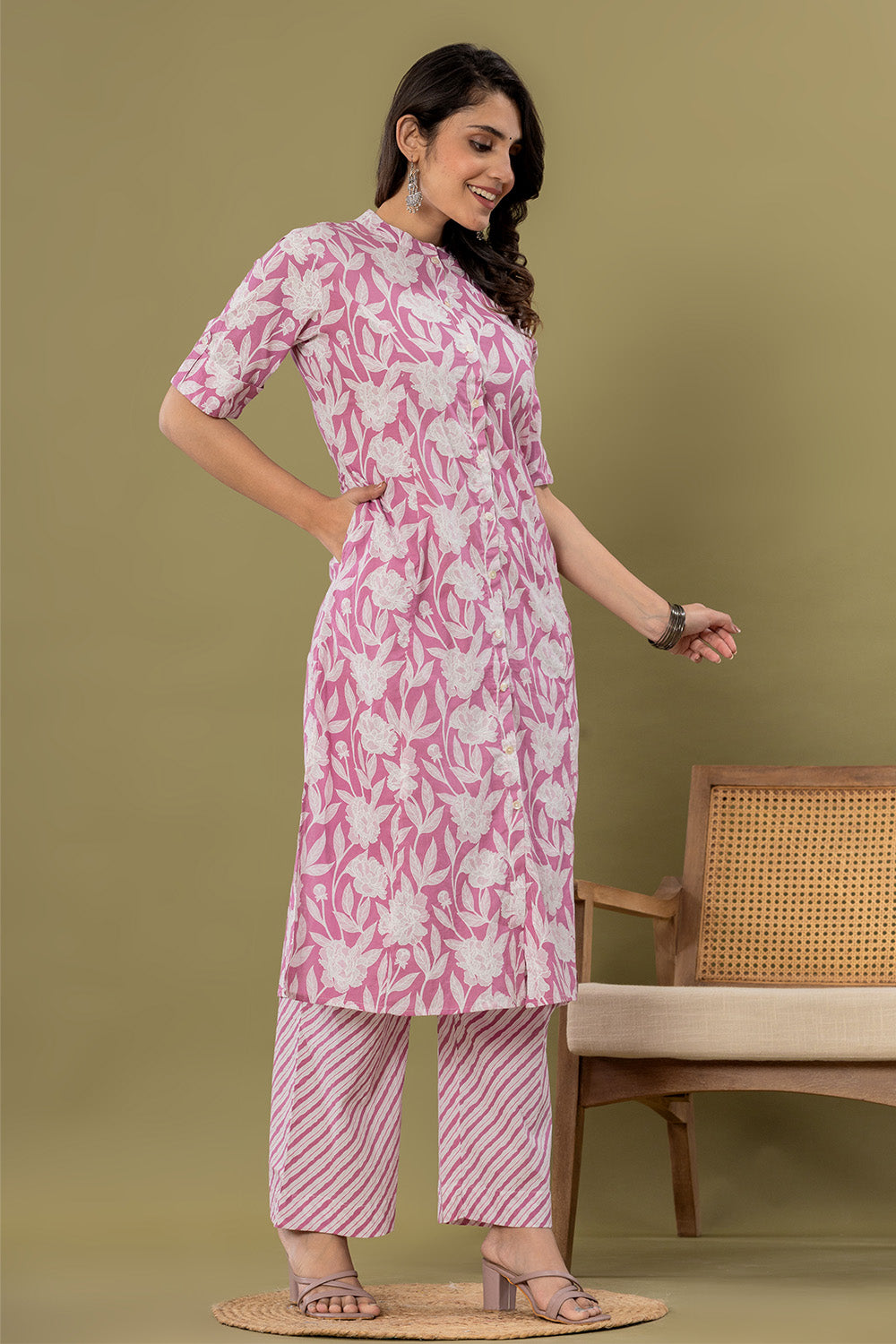 Mauve Color Floral Printed Cotton Kurti Set