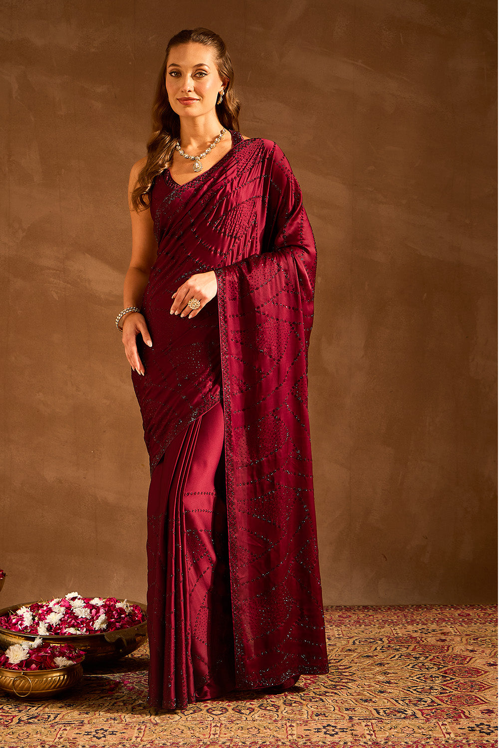 Dark Scarlet Swarovski Work Satin Saree