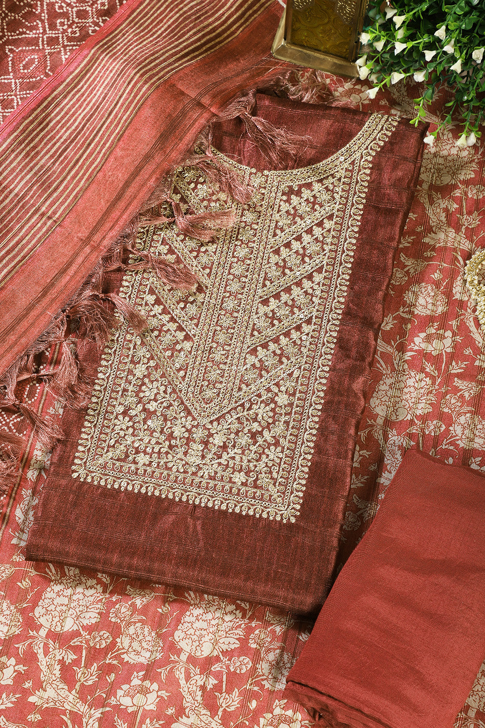 Maroon Tussar Silk Neck Zari Embroidered Unstitched Suit