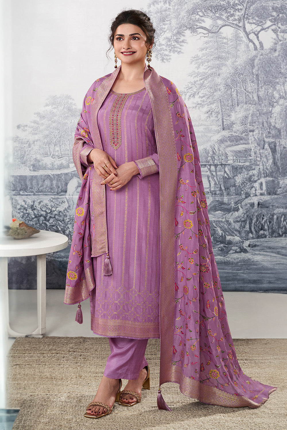 Mauve Color Chanderi Silk Zari Woven Unstitched Suit Material