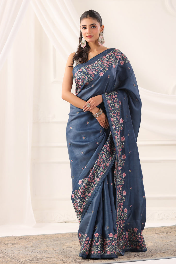 Greyish Blue Tussar Silk Resham Floral Embroidered Saree
