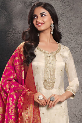 Cream Silk Embroidered & Woven Suit Set