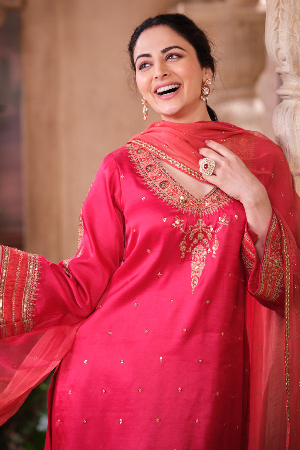 Cherry Red Pure Silk Sequins And Zari Embroiderd Suit Set