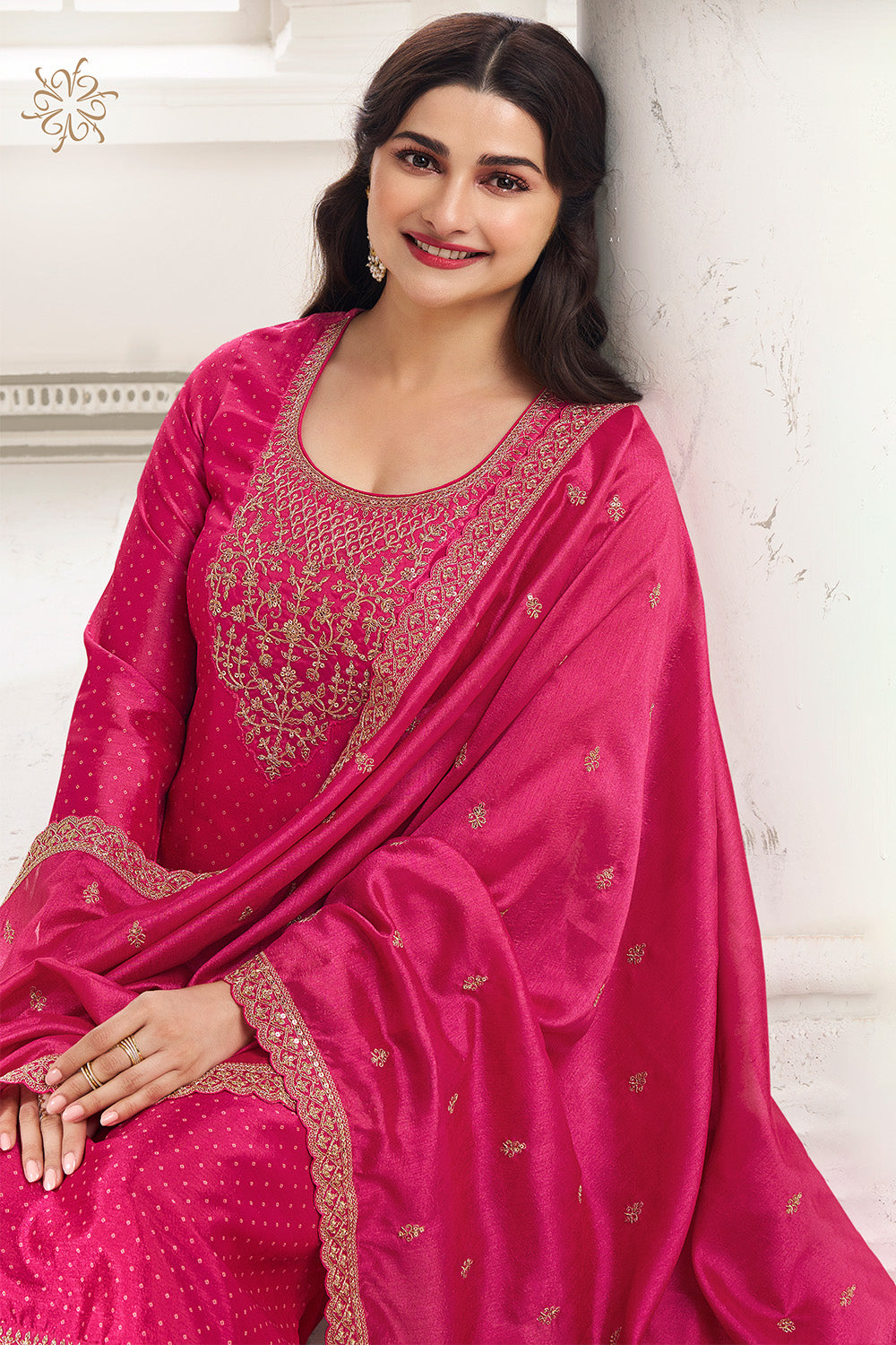 Fuchsia Pink Color Silk Embroidered Unstitched Suit Fabric