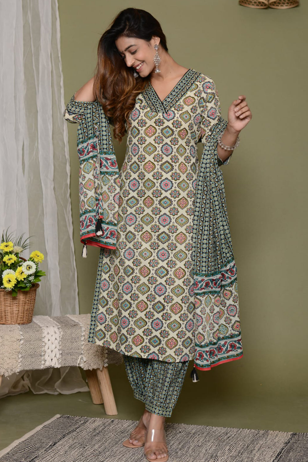 Beige & Turquoise Color Cotton Printed Suit