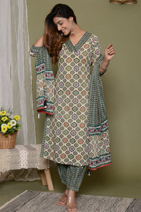 Beige & Turquoise Color Cotton Printed Suit
