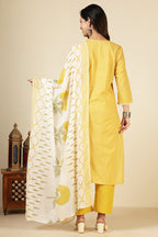 Yellow Cotton Emboridered And Printed Suit Set