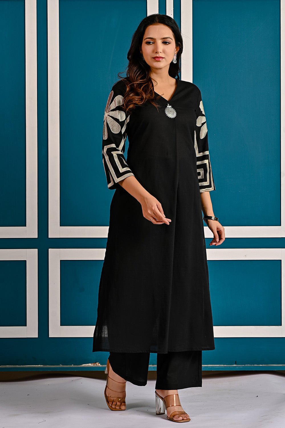 Black Floral Embroidered Cotton Kurta Set