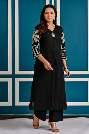 Black Floral Embroidered Cotton Kurta Set