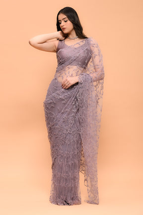 Light Mauve Color Net Cut-Dana And Zari Embroidered Saree