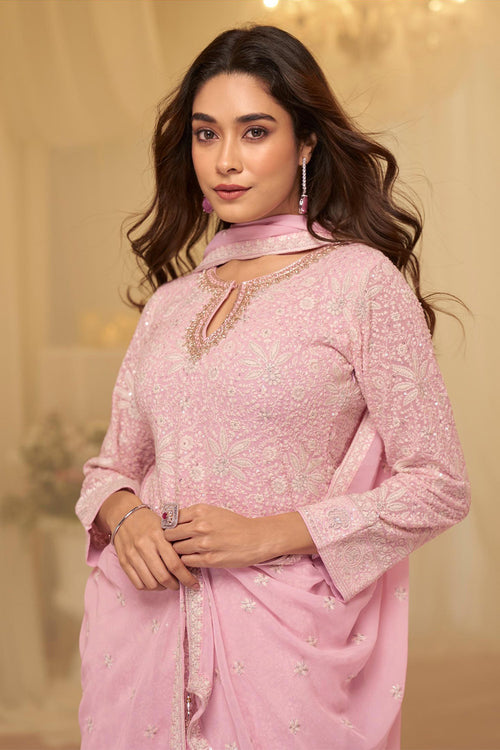 Baby Pink Georgette Embroidered Suit with Embroidered Gharara