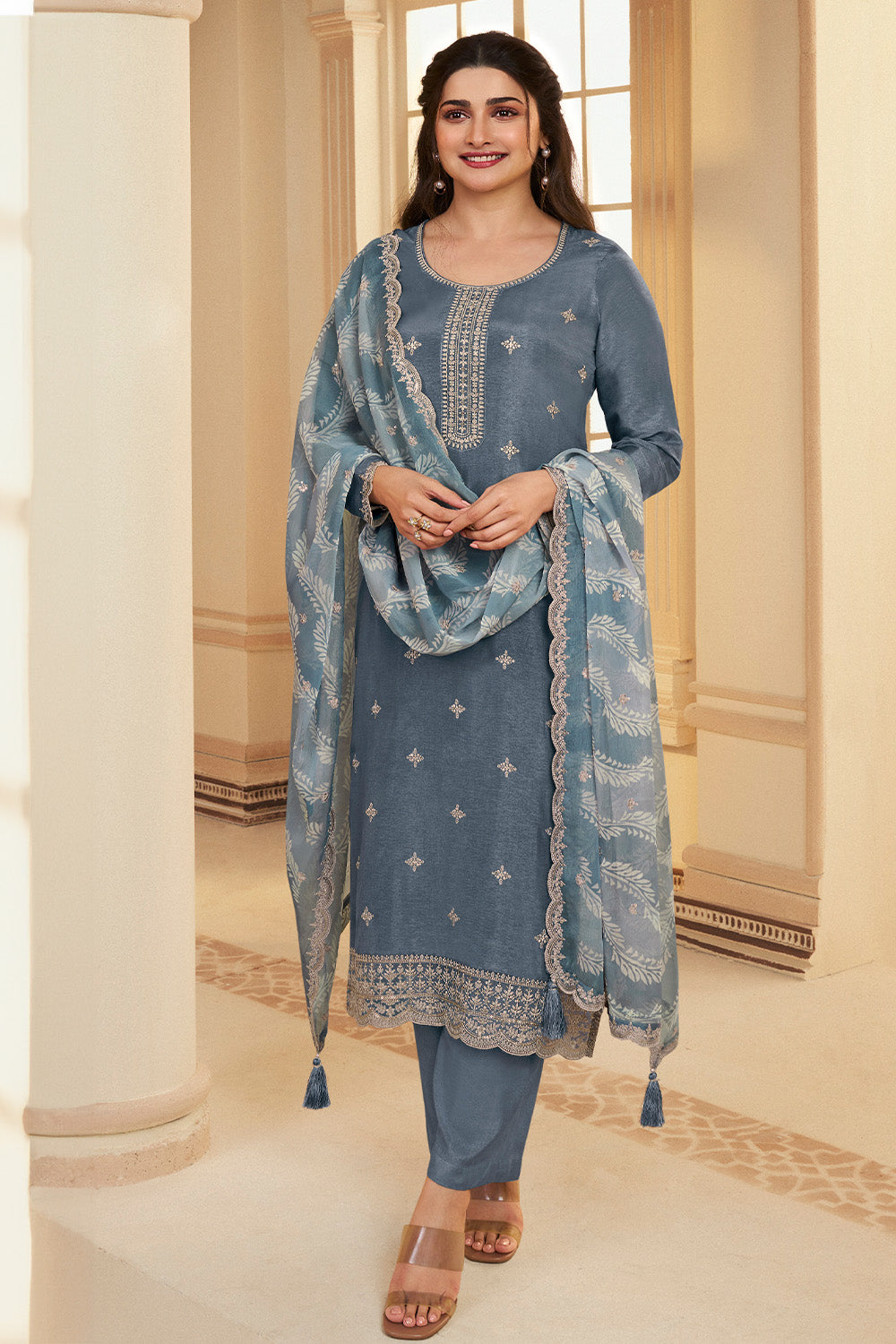 Grey Color Embroidered Crepe Silk Unstitched Suit Fabric