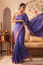 Blue Cotton Printed And Woven Border Saree