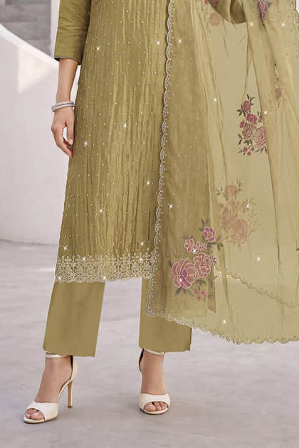 Pista Green Organza Resham Embroidered Unstitched Suit Material