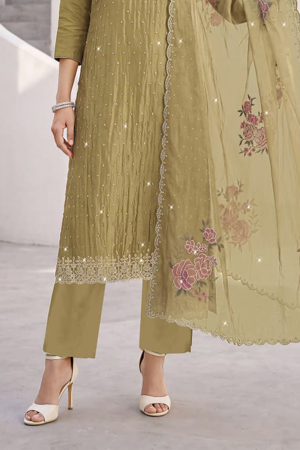 Pista Green Organza Resham Embroidered Unstitched Suit Material