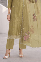 Pista Green Organza Resham Embroidered Unstitched Suit Material