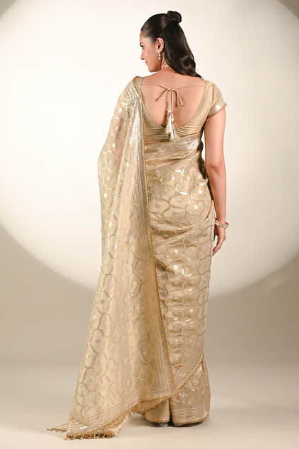 Beige Color Tissue Silk Resham & Sequins Embroidered Saree