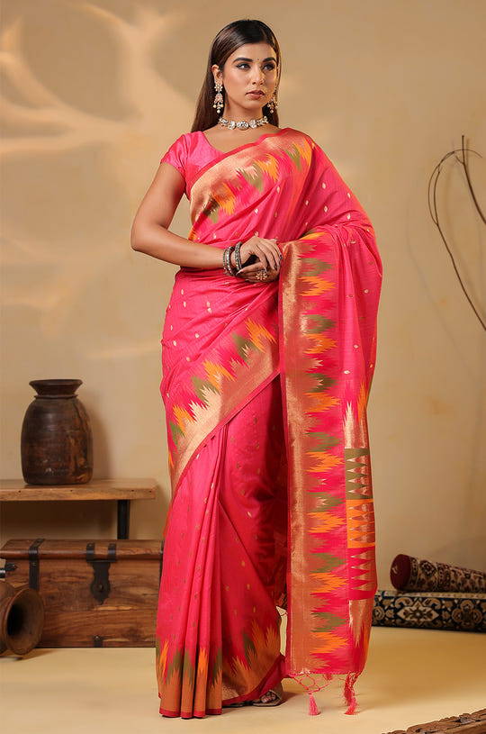 Strawberry Color Cotton Silk Woven Saree