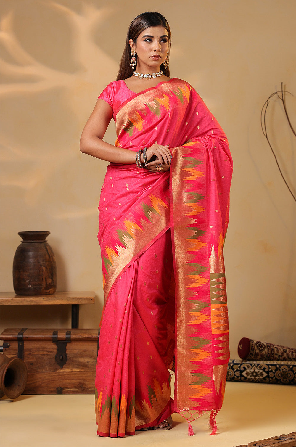 Strawberry Color Cotton Silk Woven Saree