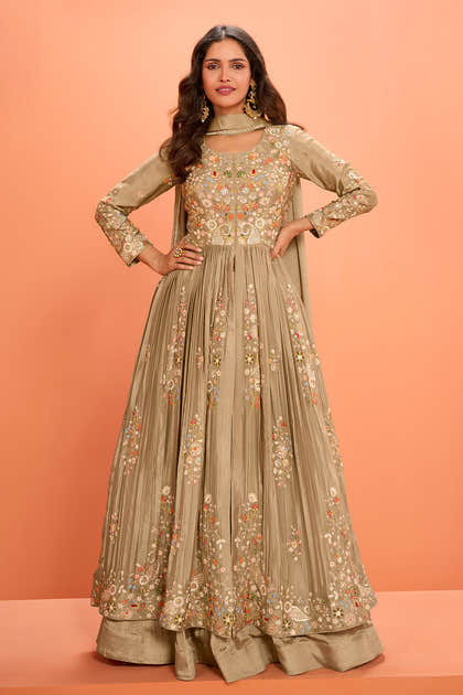 Beige Crepe Silk Embroidered Anarkali Suit With Skirt