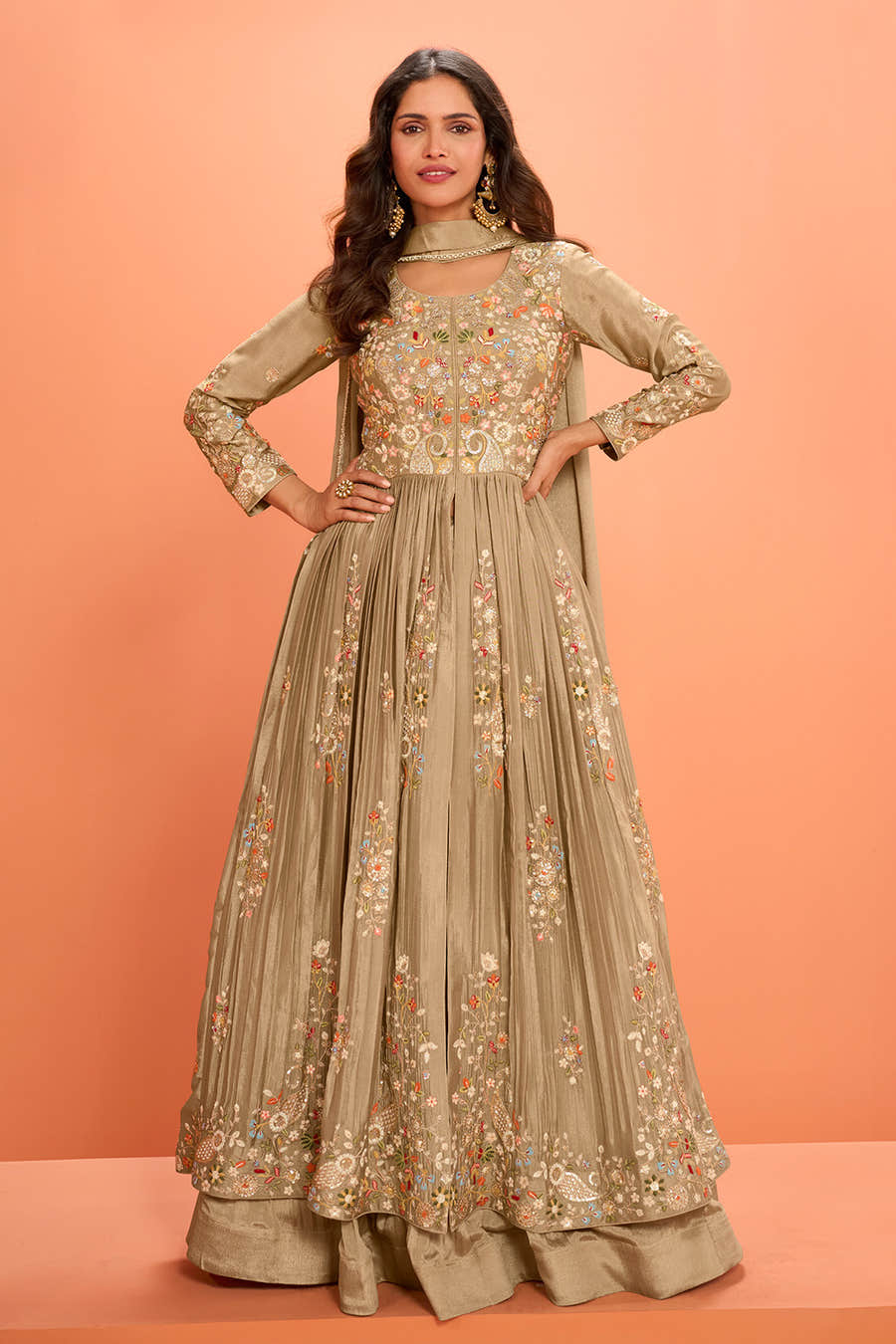 Beige Crepe Silk Embroidered Anarkali Suit With Skirt