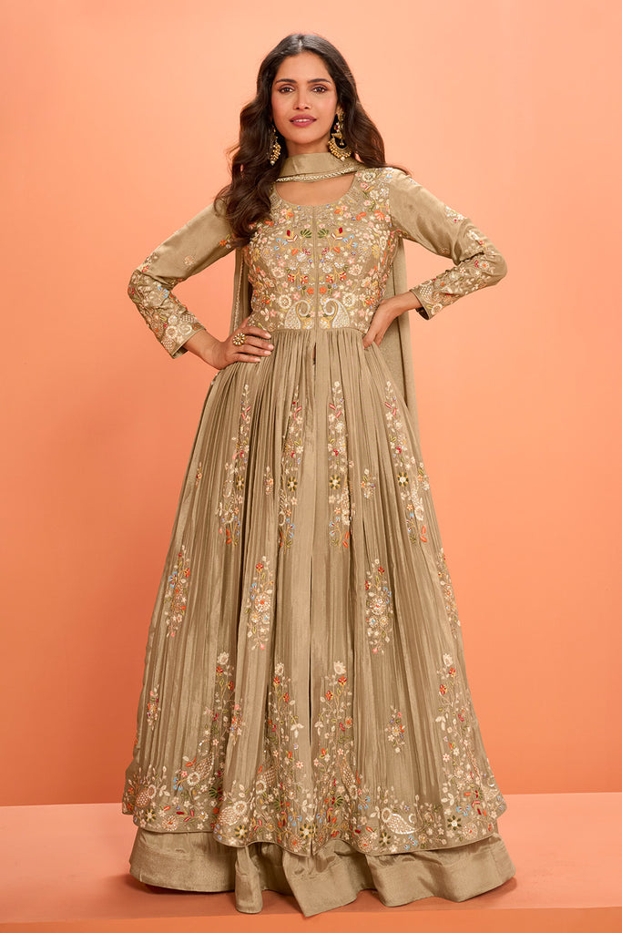 Beige Crepe Silk Embroidered Anarkali Suit With Skirt