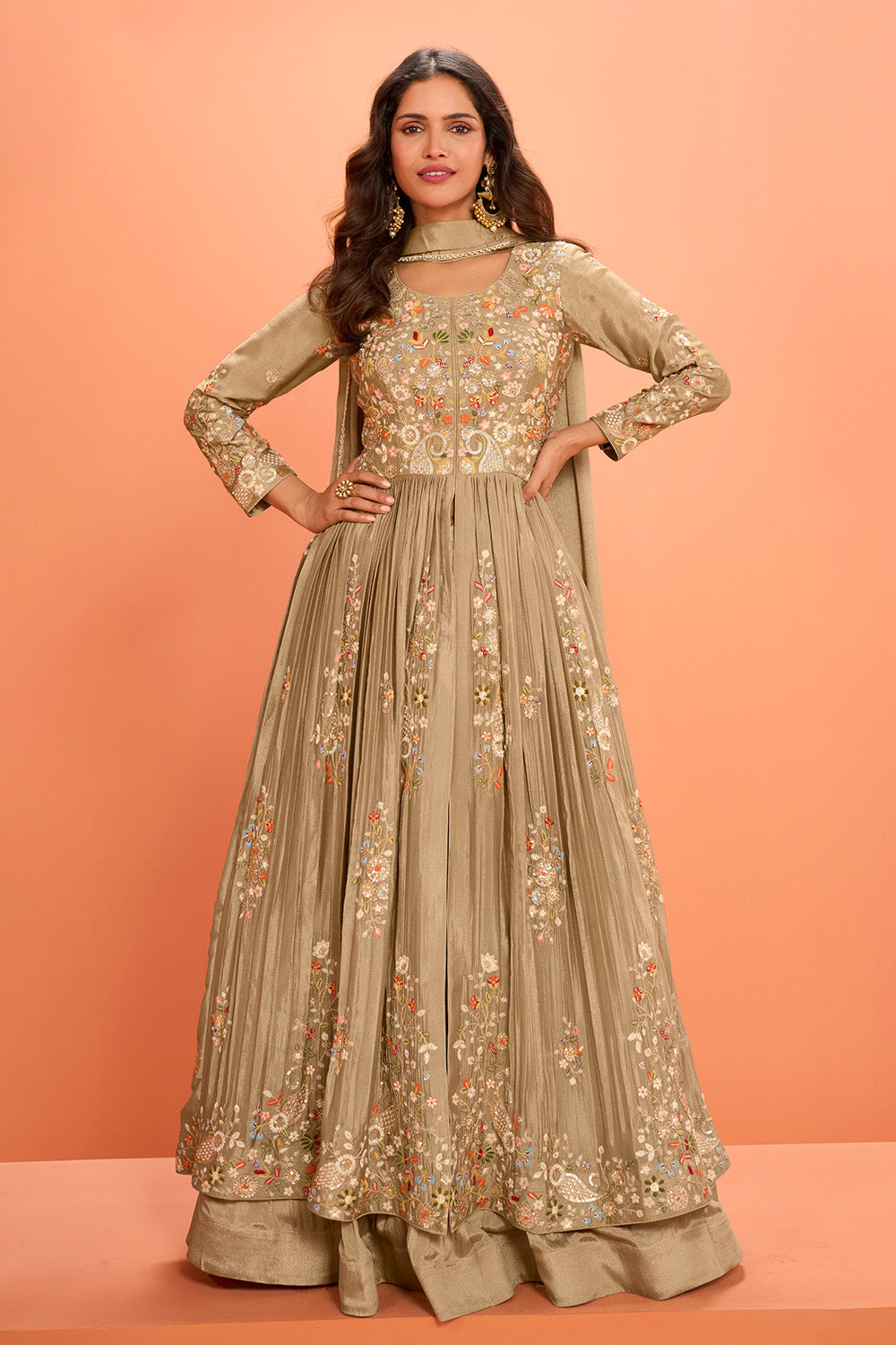 Beige Crepe Silk Embroidered Anarkali Suit With Skirt