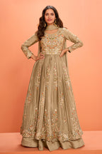 Beige Crepe Silk Embroidered Anarkali Suit With Skirt
